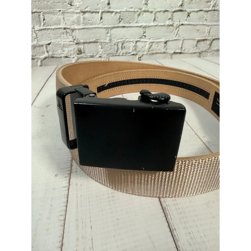 Mission Belt Mens Tan Nylon Ratchet Belt Black Buckle Topographic Map 42 Inch